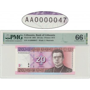 Lithuania, 20 Litu 2001 - AA 0000047 - PMG 66 EPQ - low serial nuber