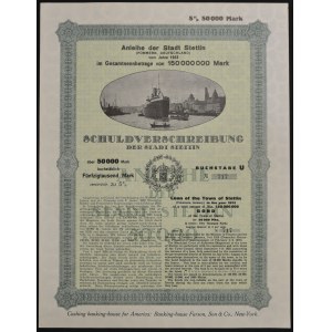 Szczecin, 5% pożyczka z roku 1923, obligacja 50.000 marek