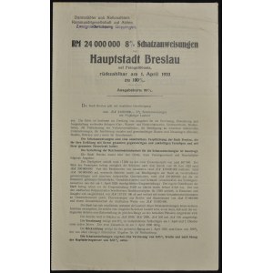 Vroclav, oznámenie o vydaní 3,5-ročných 8 % štátnych pokladničných poukážok 1929