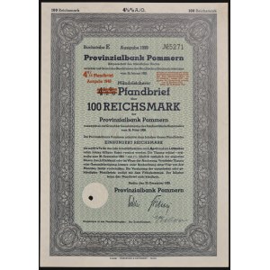 Štětín, Provinzialbank Pommern, 4,5%/4% hypoteční zástavní list, 100 marek 1939