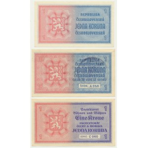 Československo, Čechy a Morava, 1 koruna 1938-40 (3 ks).