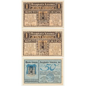 Cieszyn, 50 halierov - 1 koruna 1919 (3 kusy).