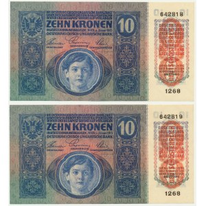 Rakúsko, 10 korún 1915 (1919) - po sebe idúce čísla (2 kusy).