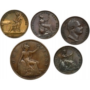 Sada, Velká Británie, Jiří IV, Vilém IV, Viktorie a Jiří V, Smíšené mince a žeton (5 kusů).