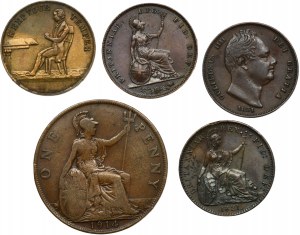 Zestaw, Wielka Brytania, Jerzy IV, Wilhelm IV, Wiktoria i Jerzy V, Mix monet i Żeton (5 szt.)