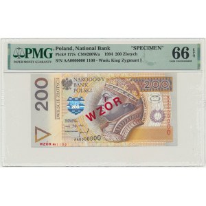 200 złotych 1994 - WZÓR - AA 0000000 - Nr. 1100 - PMG 66 EPQ