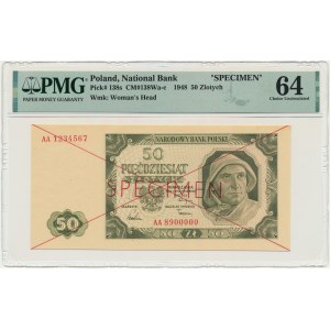 50 zlotých 1948 - SPECIMEN - AA 1234567/8900000 - PMG 64