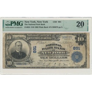 USA, Modrá pečeť, New York, 10 dolarů 1902 - Lyons &amp; Roberts - PMG 20