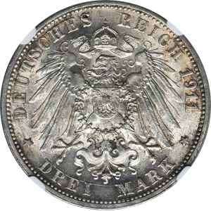 Nemecko, Württemberg, Wilhelm II, 3 marky Stuttgart 1911 F - NGC MS64