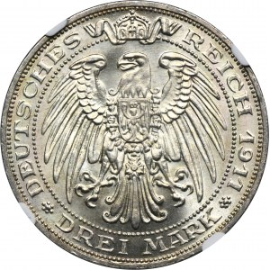 Německo, Pruské království, Vilém II., 3 marky Berlín 1911 A - NGC MS64