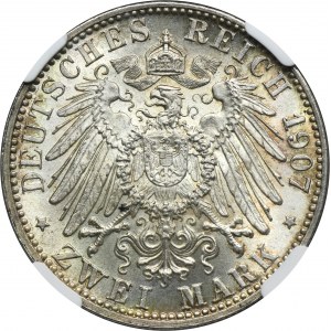 Německo, Bádensko, Fridrich I., 2 posmrtné marky Karlsruhe 1907 - NGC MS65