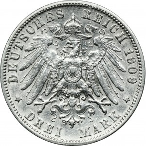 Nemecko, Württemberg, Wilhelm II, 3 marky Stuttgart 1909 F