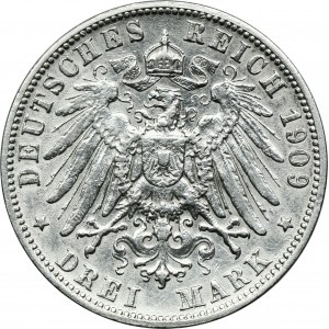 Germany, Württemberg, Wilhelm II, 3 Mark Stuttgart 1909 F