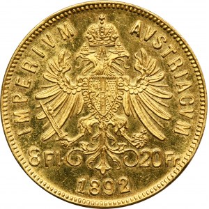 Rakousko, František Josef I., 8 florénů = 20 franků Vídeň 1892