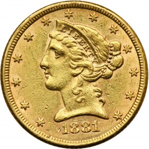 USA, 5 dolárov Philadelphia 1881 - Hlava slobody