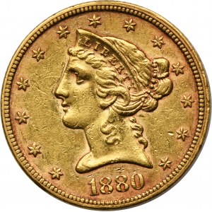 USA, 5 USD Philadelphia 1880 - Hlava slobody
