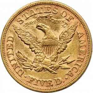 USA, 5 USD Philadelphia 1880 - Hlava slobody