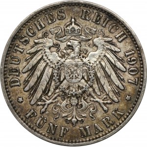 Germany, Saxony, Friedrich August III, 5 Mark Muldenhütten 1907 E