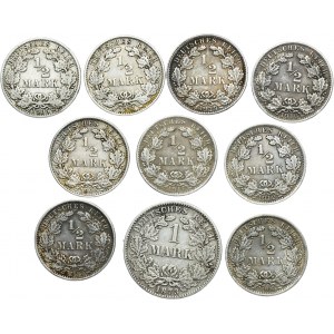 Set, Germany, German Empire, Wilhelm II, 1/2 Mark and 1 Mark (10 pcs.)