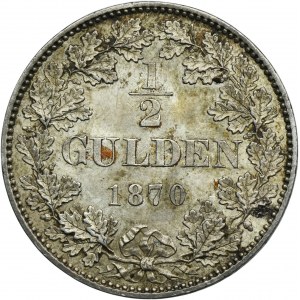 Nemecko, Württemberské kráľovstvo, Karol I., 1/2 guldenu Darmstadt 1870 - RARE