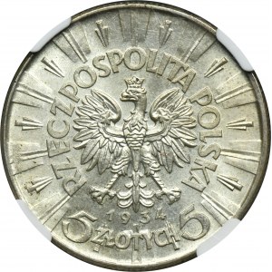 Piłsudski, 5 złotych 1934 - NGC MS63
