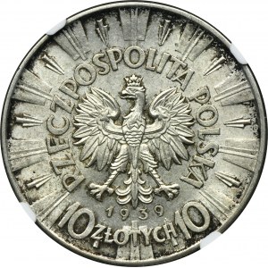 Piłsudski, 10 złotych 1939 - NGC MS62