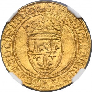 France, Charles VI, Ecu d'Or à la couronne Saint-Lô undated - NGC MS64