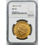 USA, 20 dolarů Carson City 1884 CC - NGC AU55 - Vzácné