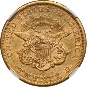 USA, 20 dolarů San Francisco 1863 S - Hlava svobody - NGC AU53
