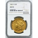USA, 20 Dollars San Francisco 1863 S - Liberty Head - NGC AU53