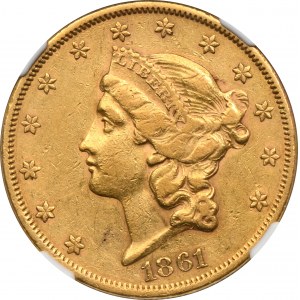 USA, 20 dolarů Philadelphia 1861 - Hlava svobody - NGC AU50