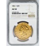 USA, 20 dolarů Philadelphia 1861 - Hlava svobody - NGC AU50