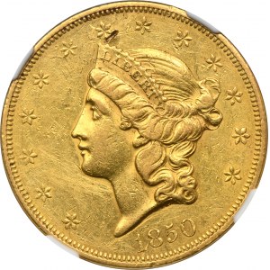 USA, 20 USD Philadelphia 1850 - Hlava slobody - NGC AU DETAILY