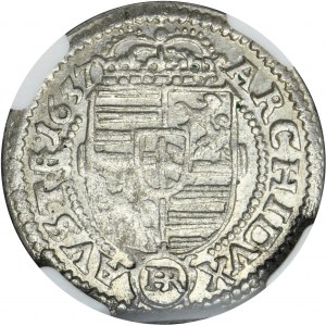 Slezsko, Habsburkové, Ferdinand III, 3 Krajcary Kłodzko 1637 HR - NGC AU58