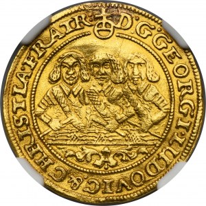 Sliezsko, vojvodstvo Legnicko-Brzesko-Wołowskie, Jerzy III Brzeski, Ludwik IV Legnicki a Krystian Wołowsko-Olawski, vojvoda Brzeg 1657 EW - NGC AU DETAILS - HYBRYDA, RZADKI