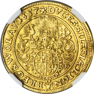 Silesia, Duchy of Liegnitz-Brieg-Wohlau, Georg III, Ludwig IV and Christian, 3 Ducat Brieg 1657 EW - NGC AU DETAILS - HYBRID, RARE