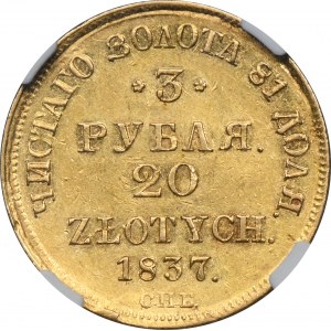 3 ruble = 20 zlotých Petrohrad 1837 ПД - NGC AU58 - RARE