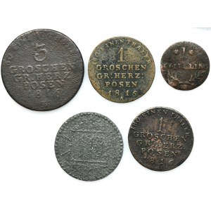 Set, Grand Duchy of Posen and Free City of Danzig, 3 Groschen, 1 Groschen, 1 Schilling and 10 Pfennig (5 pcs.)