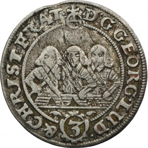 Slezsko, knížectví Legnicko-Brzesko-Wołowskie, Jerzy III Brzeski, Ludwik IV Legnicki a Chrystian Wołowski, 3 Krajcary Brzeg 1656 - RZADKI