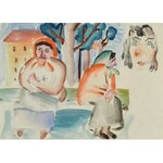 Otto AXER (1906-1983), Dwie staruszki siedzące na tle pejzażu oraz karykaturalny szkic twarzy