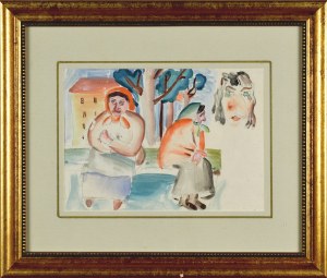 Otto AXER (1906-1983), Dwie staruszki siedzące na tle pejzażu oraz karykaturalny szkic twarzy