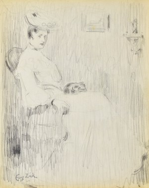 Eugeniusz ZAK (1887-1926), Kobieta siedząca w fotelu ze śpiącym kotem na kolanach