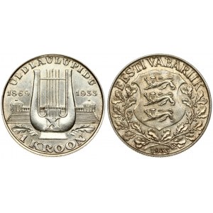 Estonia 1 Kroon 1933 10th Singing Festival. Obverse: National arms wreath surrounds date below. Reverse...