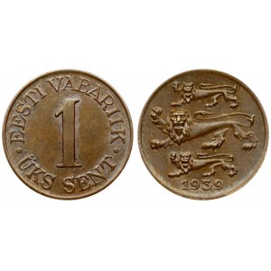 Estonia 1 Sent 1939 Obverse: Three leopards left above date. Reverse: Denomination. Edge Description: Plain. Bronze...