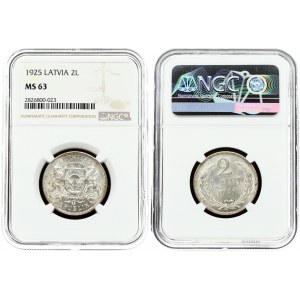 Latvia 2 Lati 1925 Obverse: Arms with supporters. Reverse: Value and date within wreath. Edge Description: Milled...