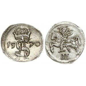 Lithuania 2 Denar 1570 Vilnius. Sigismund II Augustus(1547-1572) Obverse: King on charging horse. Reverse: Crowned A...