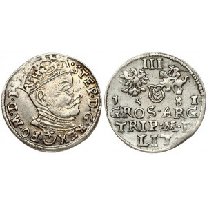 Lithuania 3 Groszy 1581 Vilnius. Stephen Bathory(1576–1586). Obverse: Crowned bust right. Reverse: Value; divided date...