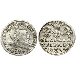 Lithuania 3 Groszy 1594 Vilnius. Sigismund III Vasa (1587-1632) Obverse: Crowned bust right. Reverse: Value...