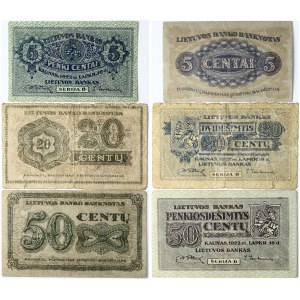 Lithuania 5 & 20 & 50 Centu 1922 Banknote. Lietuvos Bankas 1922 16 November. Pick# 9a; 11a; 12a...