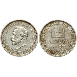 Lithuania 10 Litų (1918-1938) 20th Anniversary of Republic. Obverse: Columns of Gediminas above LIETUVA and dates 1918...